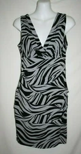Sweet Storm MEDIUM Bodycon Cocktail Dress Gray Black Zebra Stripe V Neck Ruffles