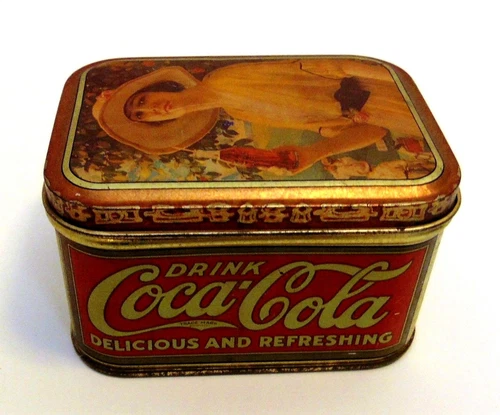 Vtg 1984 Bristol Ware Coca-Cola Metal Tin Canister 4" x 3" x 2.5" Lady in Hat
