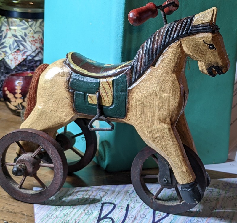 Vintage Folk Art Wooden Toy Horse Tricycle with Painted Saddle
