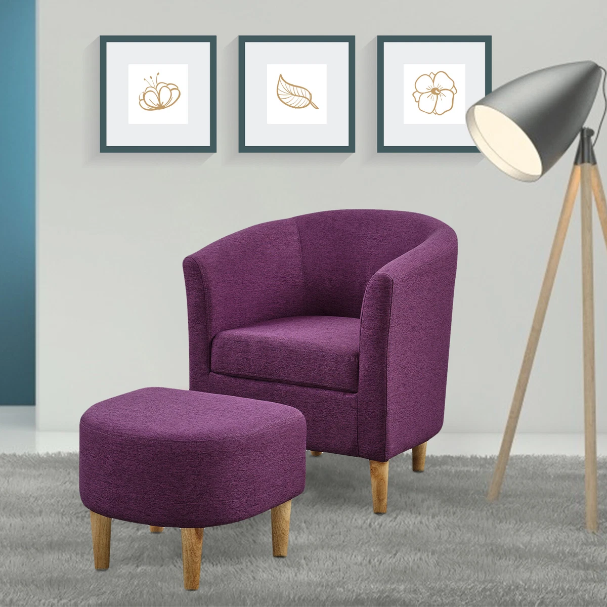 Modern Accent Armchair Linen Fabric Single Sofa Chair With Ottoman