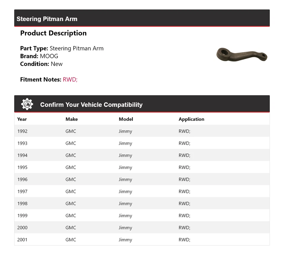Braço Pitman de direção para 1992-2001 GMC Jimmy RWD MOOG 1992 1993 1994 1995 1996 - Imagem 2 de 4