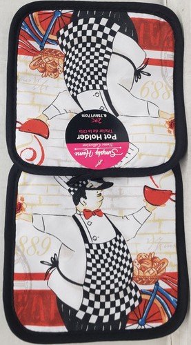 Set of 2 Same Printed Pot Holders (7"x7") FAT CHEF WITH HOT SOUP, black back, SH - Bild 1 von 6