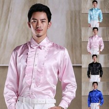 Blouse Men's Tops Shirt Satin Silky Solid Color Stage Custom Button Up