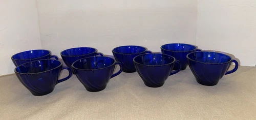 Vintage Set Of 8 Cobalt Blue Glass Duralex  Vereco Rivage France Swirl Tea Cups