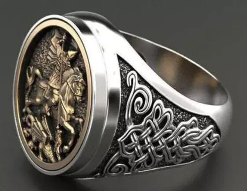 Men St. George Dragon Slayer Medieval Knight Signet Vintage Celtic Pattern Rings - Picture 6 of 7