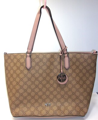 Nine West Large Tote Bag, Faux Leather, Beige/Brown/Pink x 11