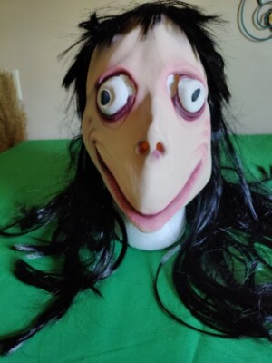 Momo Halloween Mask/Long Hair Mullet Scary Latex Costume Creepy Bulging Eyes New