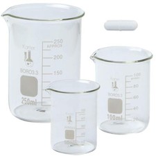Boro Glass Low Form Beaker Set with Magnetic Stir Bar, 3 Sizes - 50, 100, 250ml,