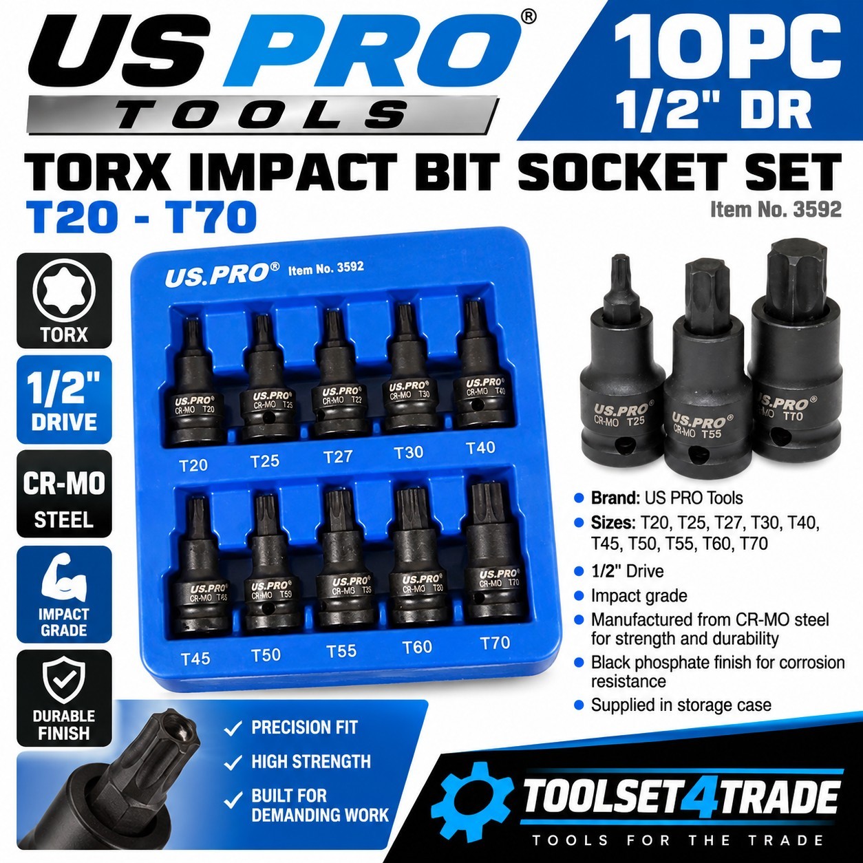 US PRO Impact Torx Impact Star Bit Socket 10pc 1/2"" Set T20 - T70 3592 - Image 2