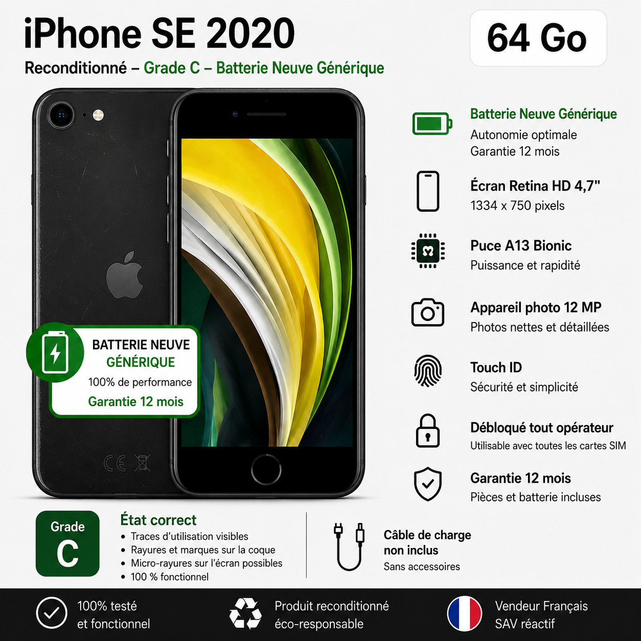 Grade C  BT NEUVE + Apple iPhone SE 2ème Génération 2020 A2296 4.7" Retina 64Go