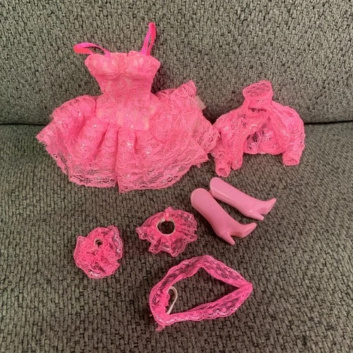 Vtg 1990 Barbie Lights And Lace Pink Outfit & Accessories Dress Jacket Boots