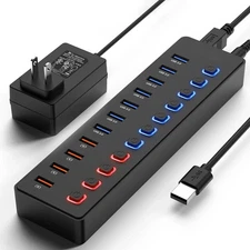 Powered USB 3.0 Hub 11-Port USB Hub Splitter 7 Faster Data Transfer Ports+ 4 ...