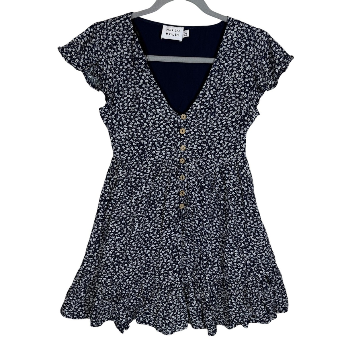 Hello Molly Babydoll Dress Womens 2 White Floral V-Neck Button-Front Cap  Sleeve