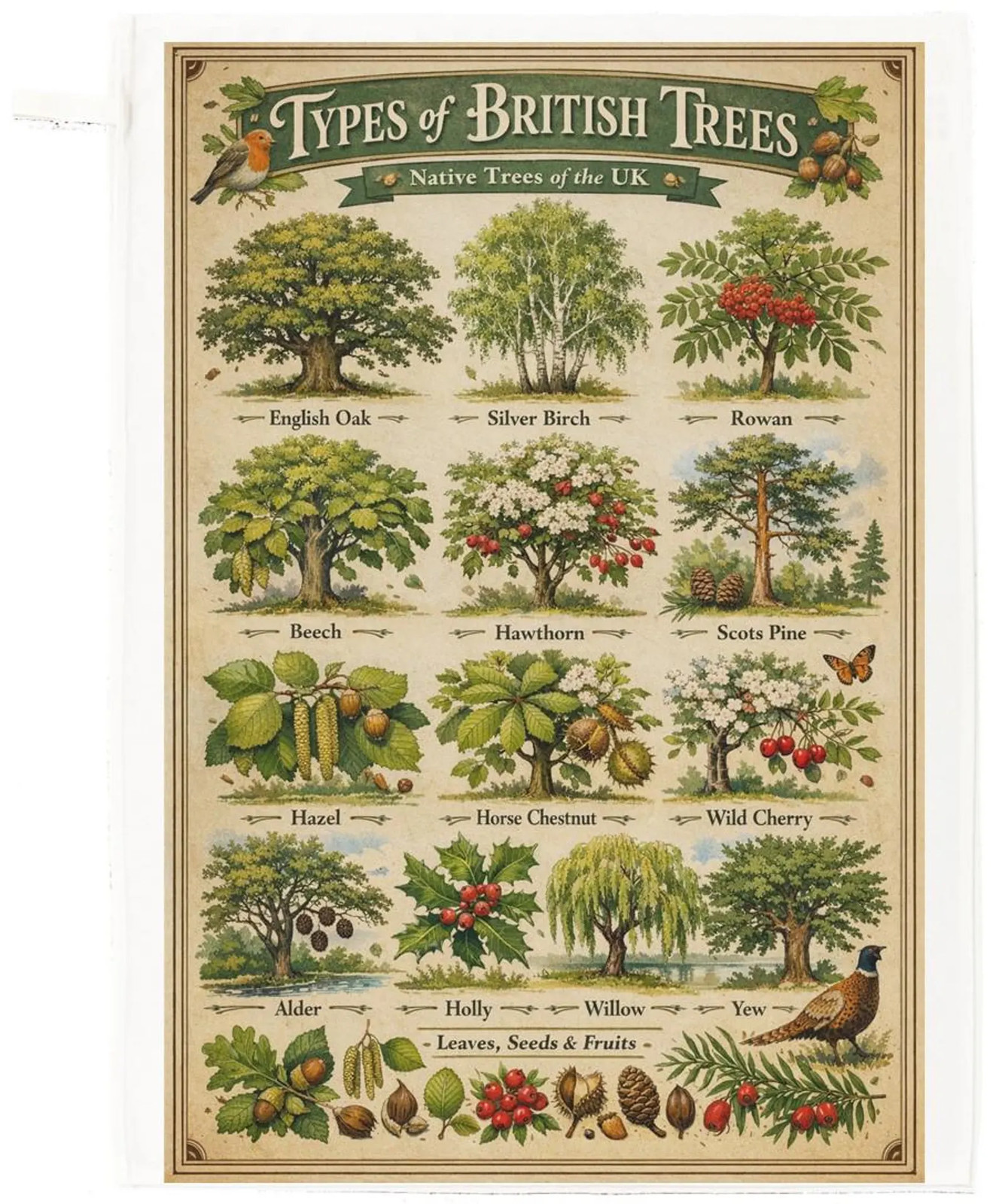 Haf a Donkey Types of British Tree cotton tea towel