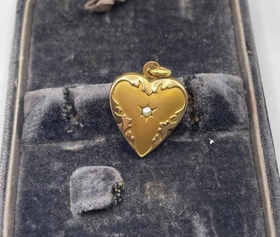 Oria Gold Filled Repousse Puffy Heart Charm Pendant W Seed Pearl Center. French