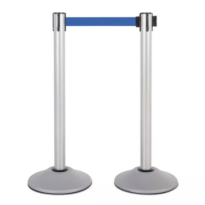 US Weight Heavy-Duty Silver Premium Steel Stanchion with 7.5 Ft. Blue Retractabl