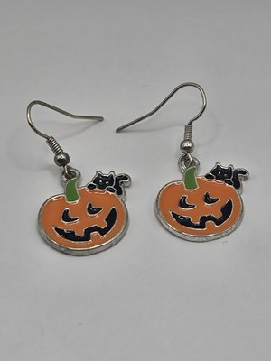 Jack-o-lantern with Black Cat Peeking Earrings Halloween Whimsical