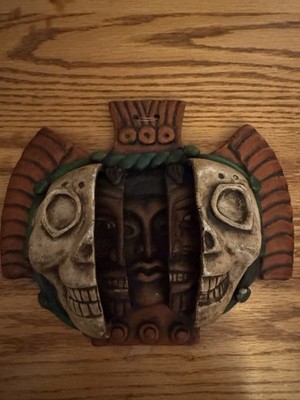 Vintage Mexican Folk Art Ceramic Mask Handmade Chichen Itza Wall Hanging