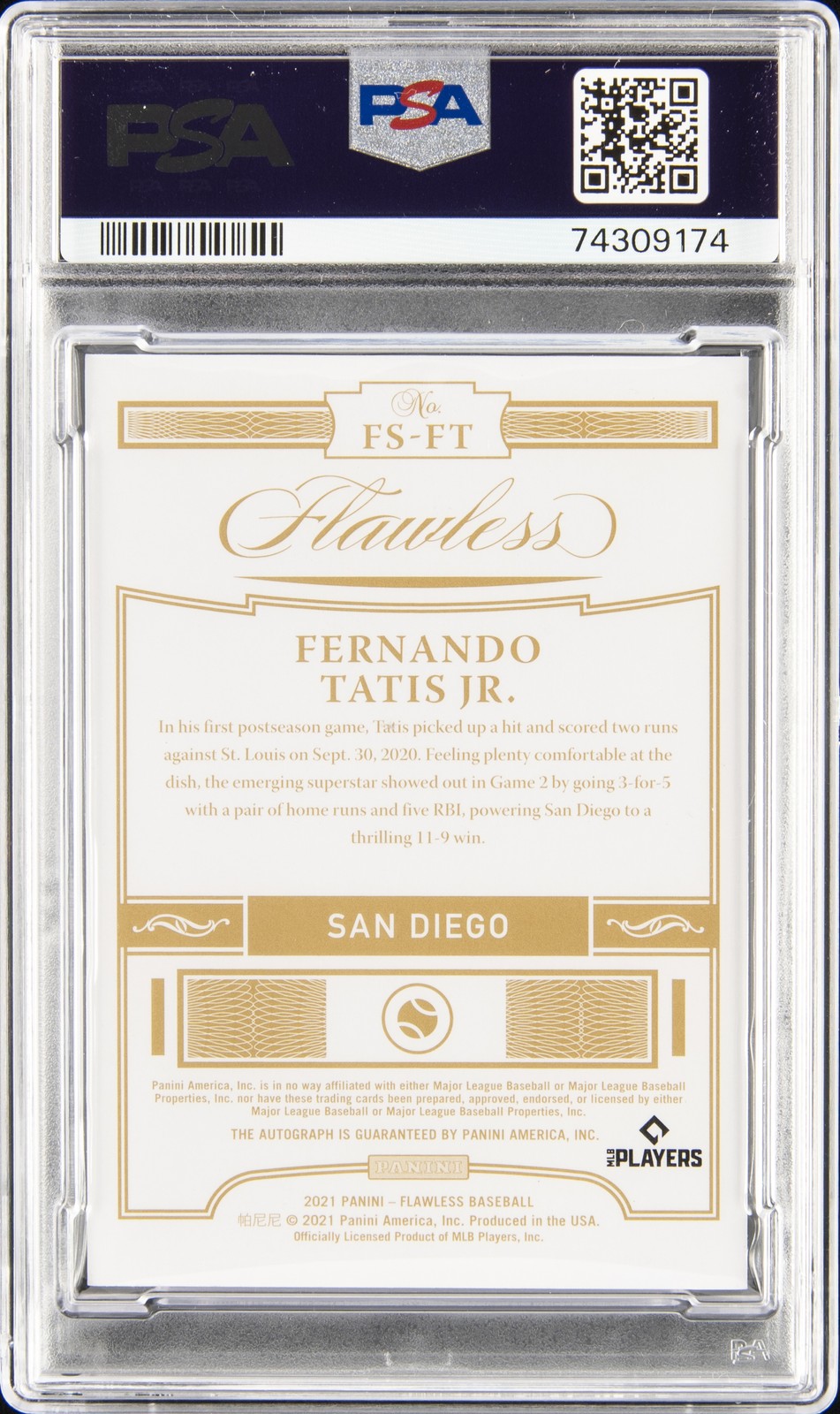 2021 PANINI FLAWLESS FLAWLESS SIG SAPPHIRE FERNANDO TATIS JR. 14/15 PSA 9 AUTO view 2