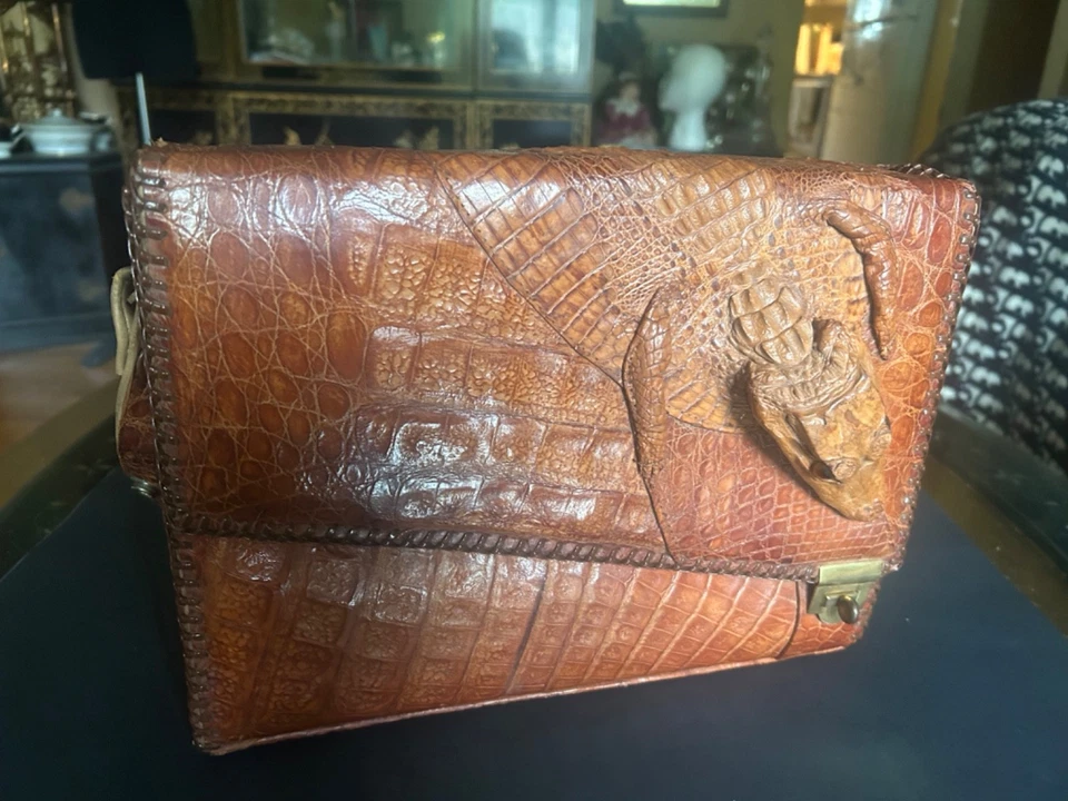 Maletín de cocodrilo real años 40 caza safari bolso de hombro bloqueo giratorio coleccionable Foto 3 de 4
