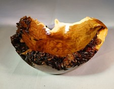 TURNED RUSSIAN OLIVE BURL WOOD BOWL, NATURAL EDGE, HANDMADE, ARTIST SIGNED, NICE