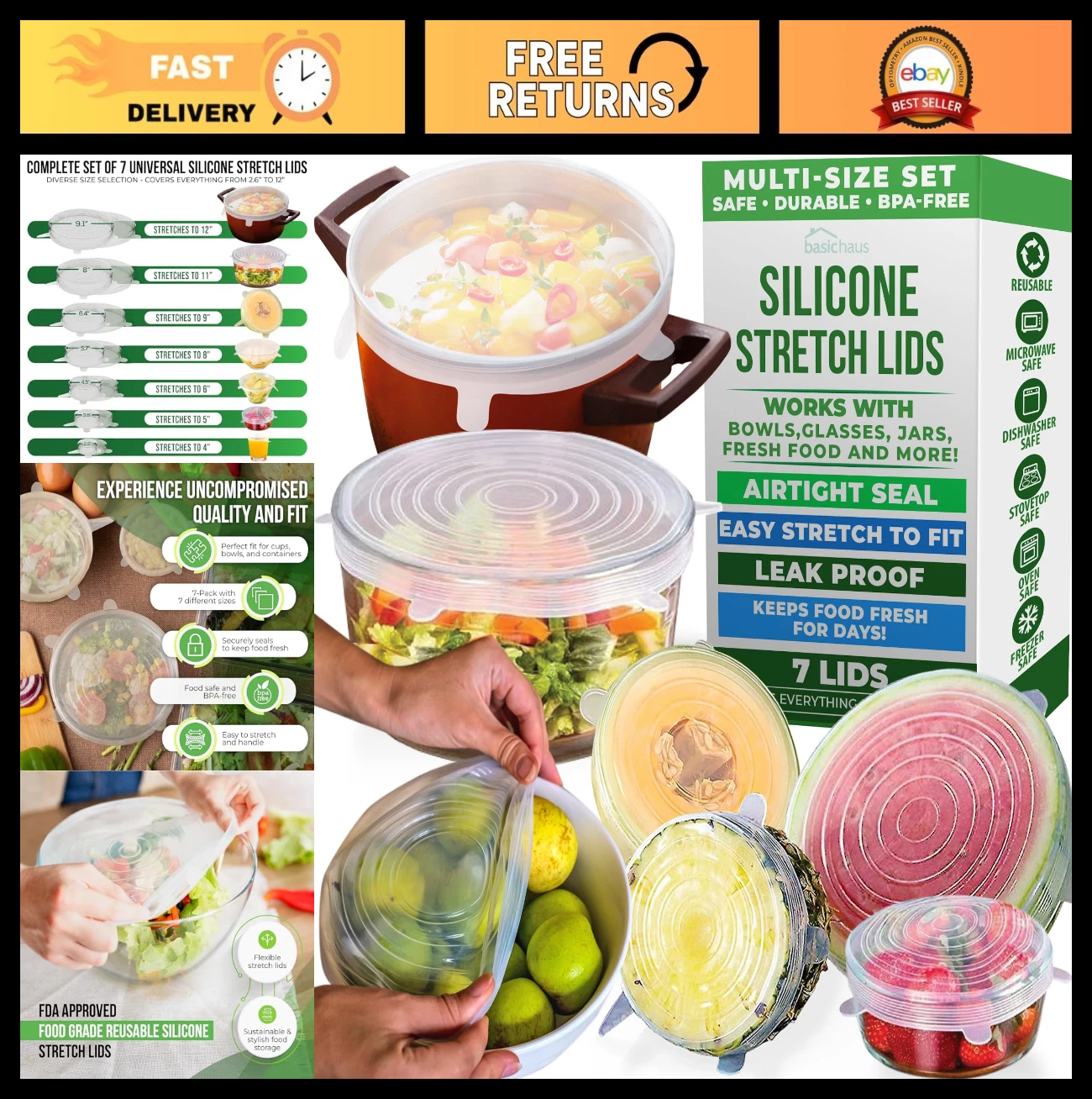 Reusable Silicone Stretch Lids - Heat-Resistant Food Storage Covers, 7 Pack - Un
Opens in a new wind