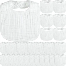 30 Pack White Muslin Baby Bibs Bulk Adjustable 6 Layers Baby Bandana Drool Bi...