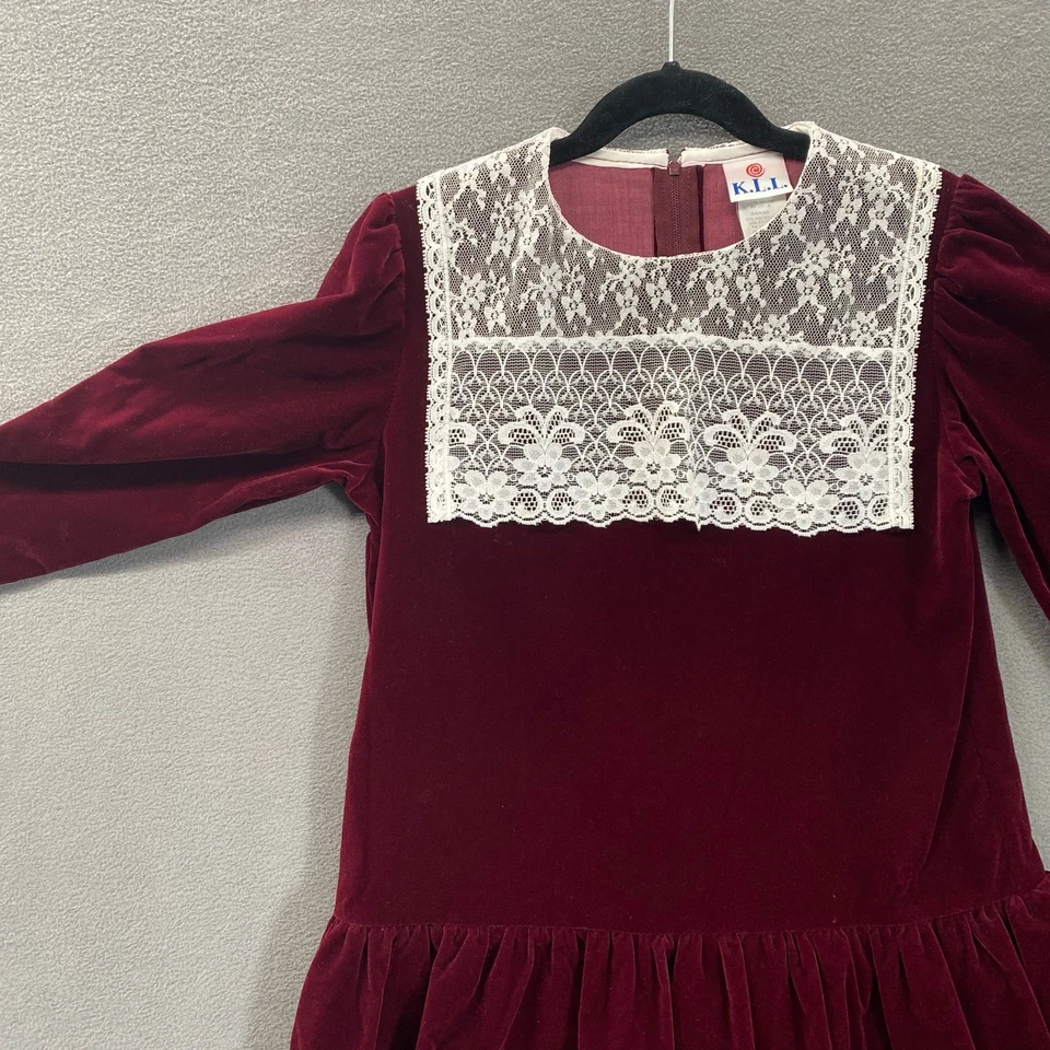 Vtg 80s 90s Velvet Drop Waist Ruffle Tiered Hem Party Dress Girls 8 Lace Collar - Image 3 of 4