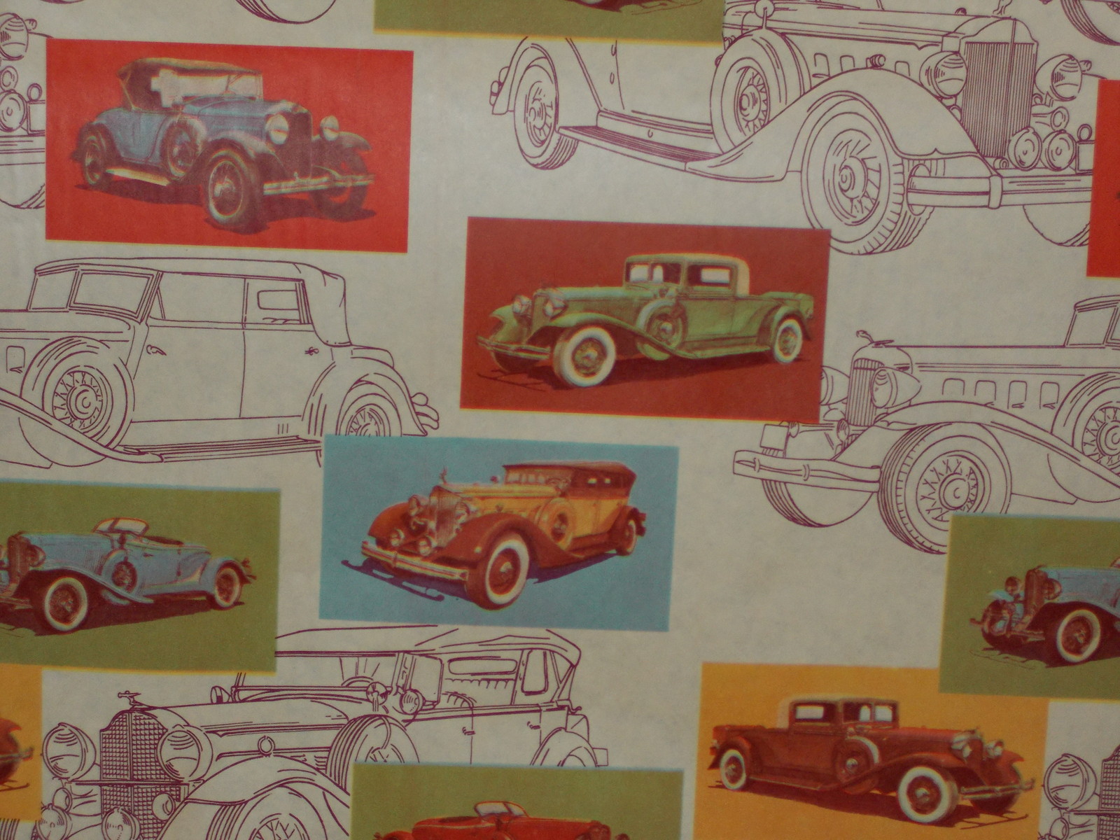VTG ANTIQUE OLD CAR AUTOMOBILE WRAPPING PAPER GIFT WRAP FROM HUGE STORE ROLL
