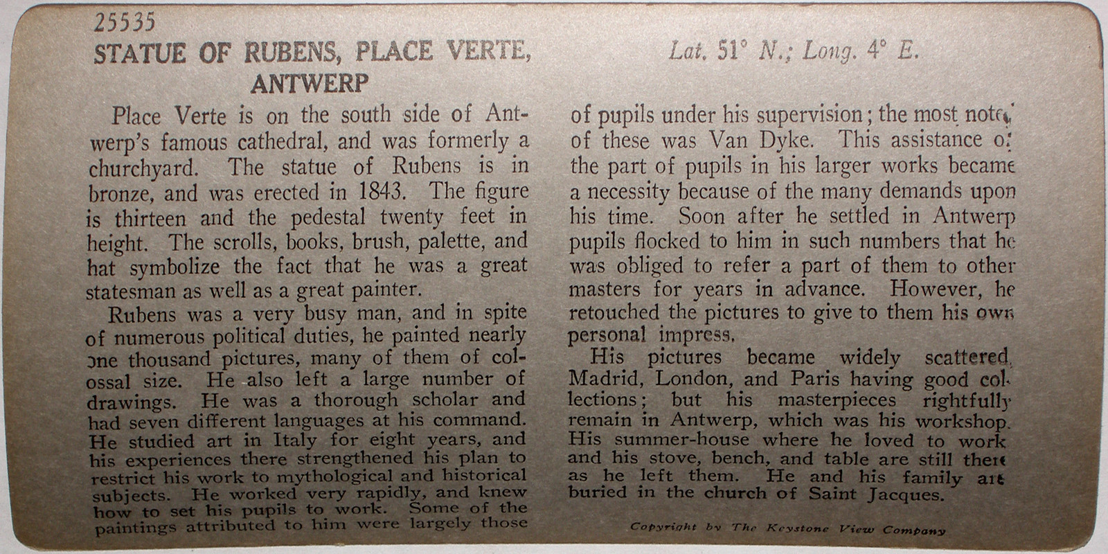 Keystone Stereoview Statue of Rubens, Antwerp, Belgium of Rare 1200 Set #371 T1
