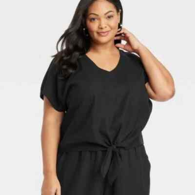 Ava & Viv Black Linen Blend V Neck Tie Front Blouse Size 1X