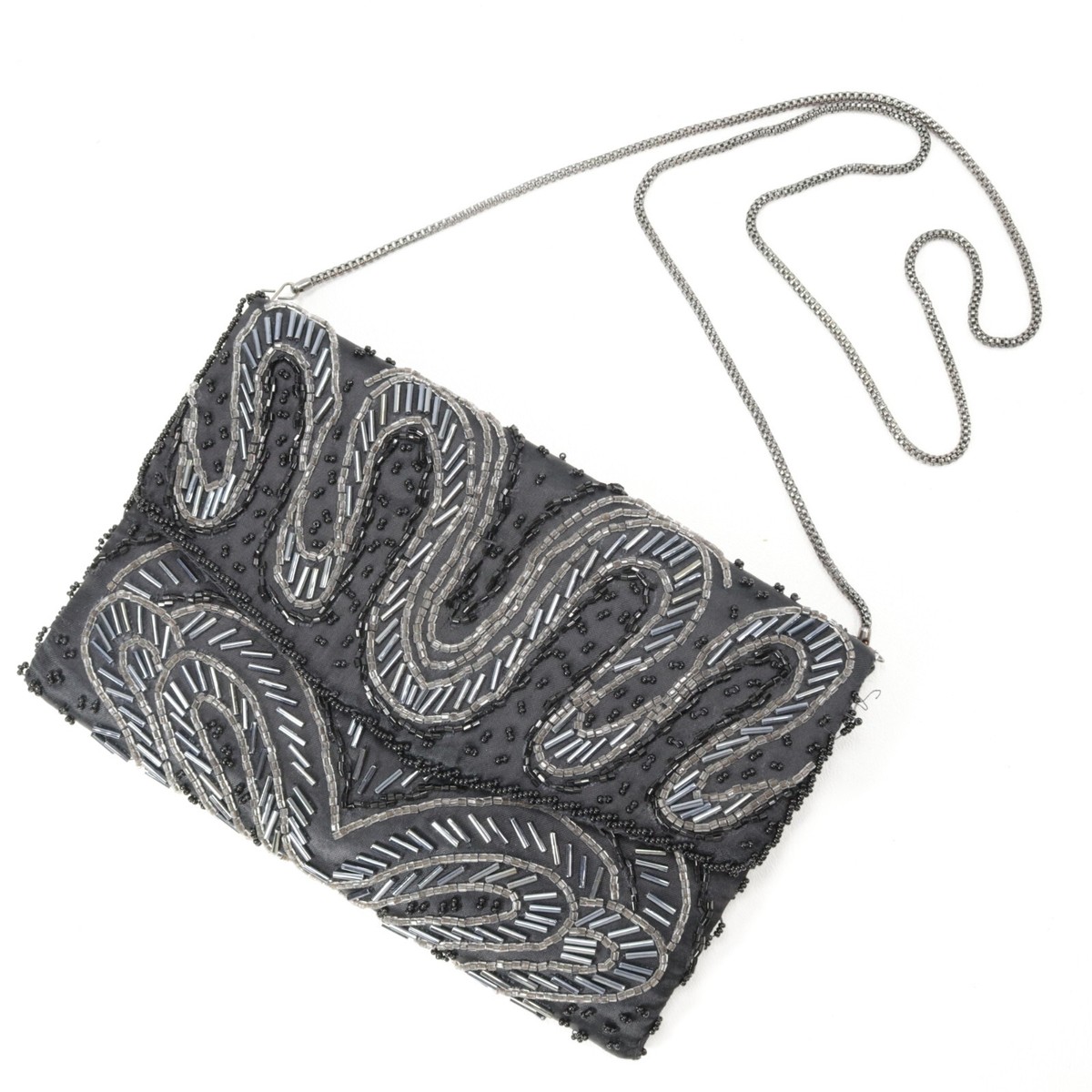 Le Regale Evening Handbag Small Black Silver Beaded Wave Purse