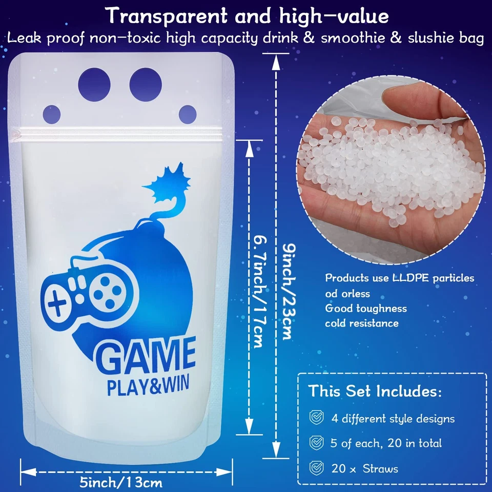 20 Piezas Videojuego Bolsa Bebida Tazas con 20 Pajitas Bolsas Plástico Bebida Foto 3 de 4