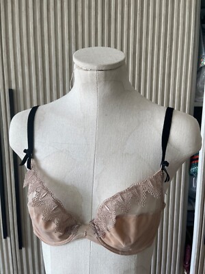 le jaby french made bra in silk color and black velvet and lace sz 90b