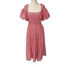 Anthropologie Square Neck Puff-Sleeve Smocked Poplin Midi Dress Red White, Sz S