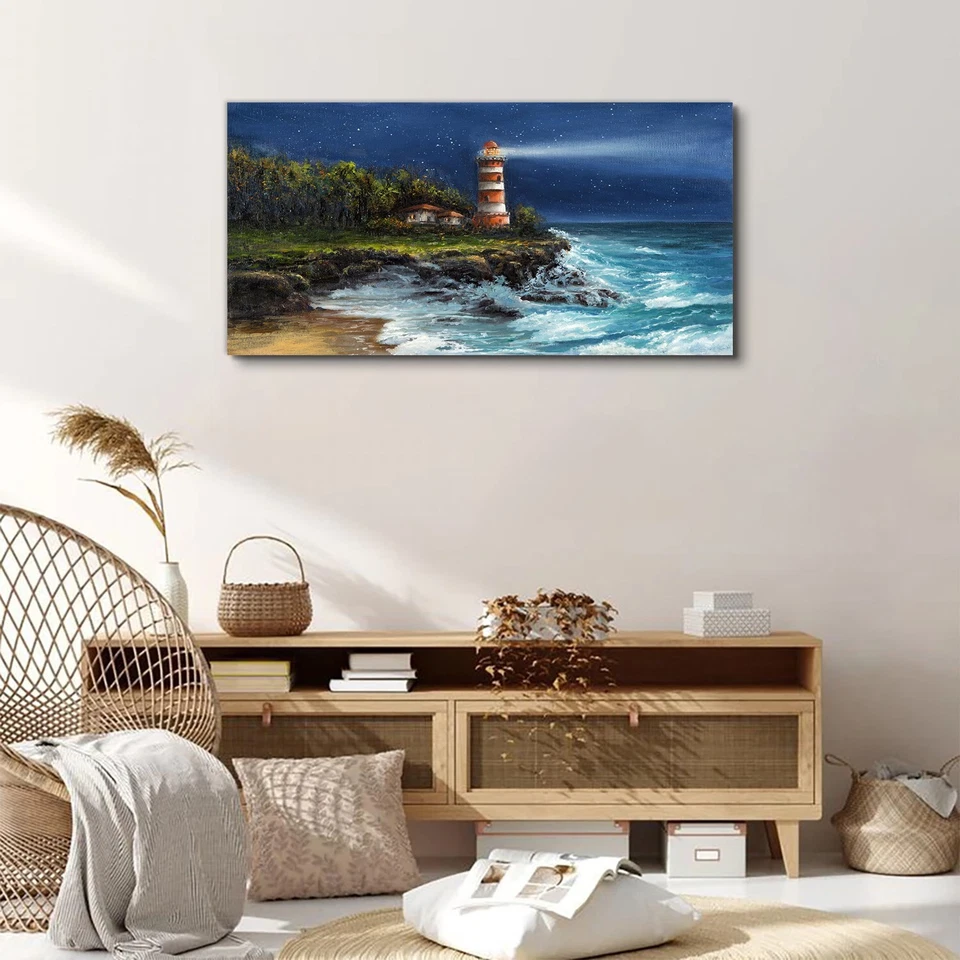 Canvas Print 100x50 Painting Coast Ocean Waves Lighthouse Wall Art Framed Decor - Image 2 of 4