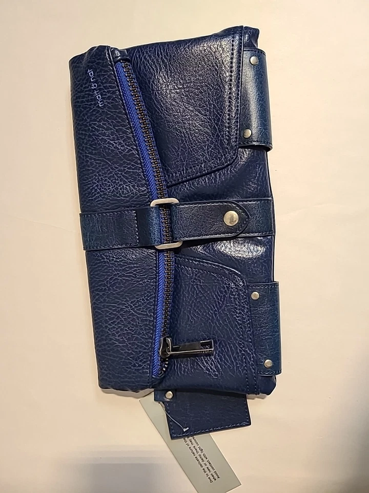 Cartera sin asas plegable de cuero vegano con bolsillos y cremallera azul Matt & Nat nueva con etiquetas Foto 3 de 4