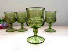 Vintage Green Indiana Glass Kings Crown Thumbprint Goblets Wine Sherry Glasses 4