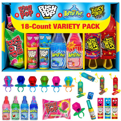 Bazooka Candy Variety Pack: 18 Count Assorted Lollipops, Ring Pop, Push Pop, Bab