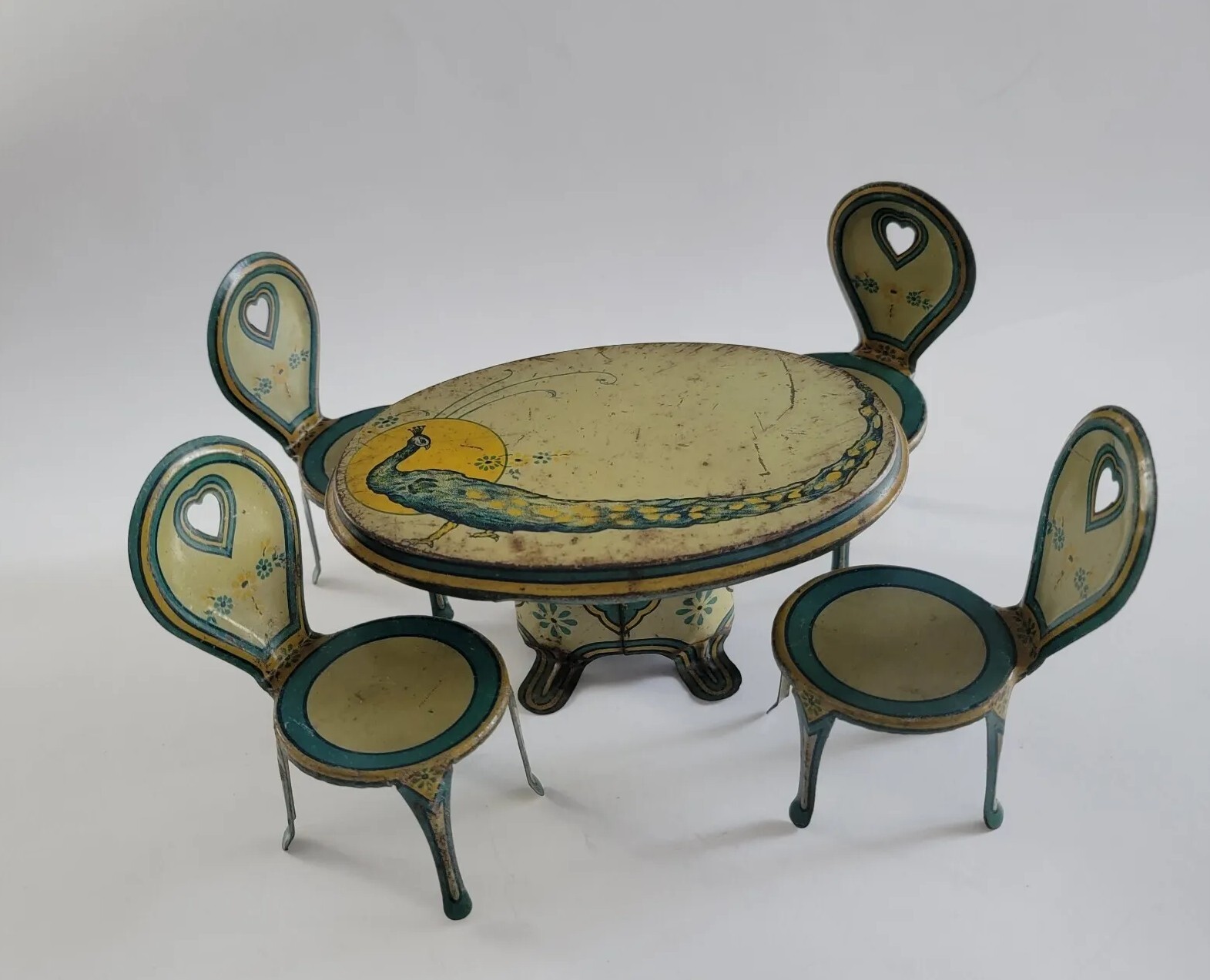 Antique Green Peacock Tin Lithograph Toy Table & 4 Chairs