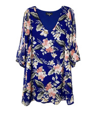 Lulus Tunic Dress Size S Blue Floral Slit Long Sleeves Chiffon Mini Office Party
