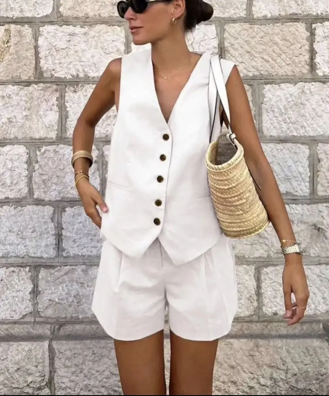 Casual Linen Women Suits 2 Pieces V Neck Vest + High Waist Wide Leg Shorts