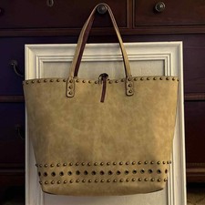 Sydney Love Tan Sueded Leather Tote With Burgundy Leather Lining And Studs Nwot