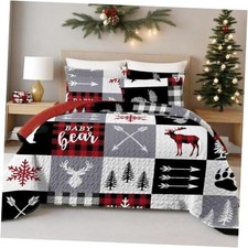 Christmas Quilt Set Deer Bear Snowflake Pine Tree Arrow Red Buffalo King Grey