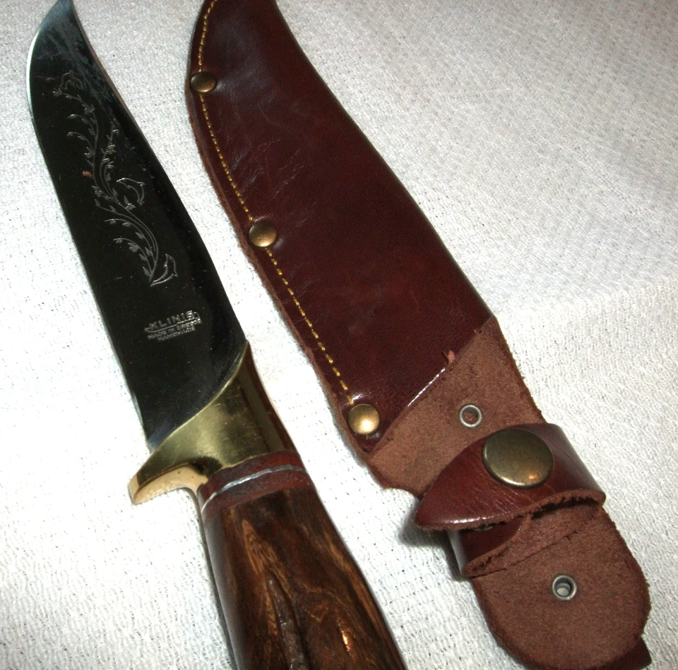 Jagdmesser mit Olivenhozgriff und Lederhülle 25 cm / Klinge 12,5 cm aus Nachlass - Bild 1 von 4