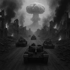 Black & White War Zone Digital AI Art | Tanks, Atomic Cloud, Ruined City