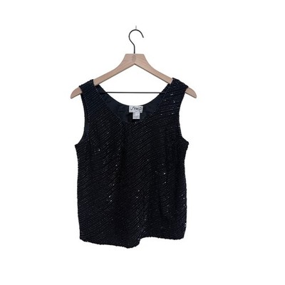 JMD New York Black Beaded Sleeveless Top Evening Party Blouse Scoop Neck