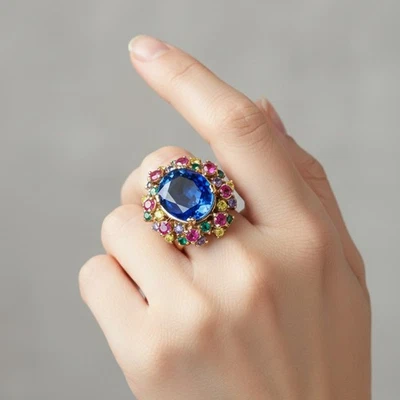 Élégantes bagues ovales en argent sterling 925 saphir bleu royal 12 carats et... - Photo 1/4