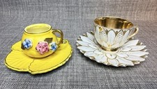 4 pc Miniature Cup and Saucer Set, Decorative Applied Flowers and Gold Accents