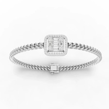 1.02 Ct Baguette & Round Halo Lab Grown Diamond Cuban Bracelet 18k White Gold